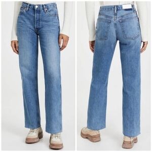 Re/Done Blue Dark Wash Denim 90s High Rise Loose Distressed Raw Hem Jeans